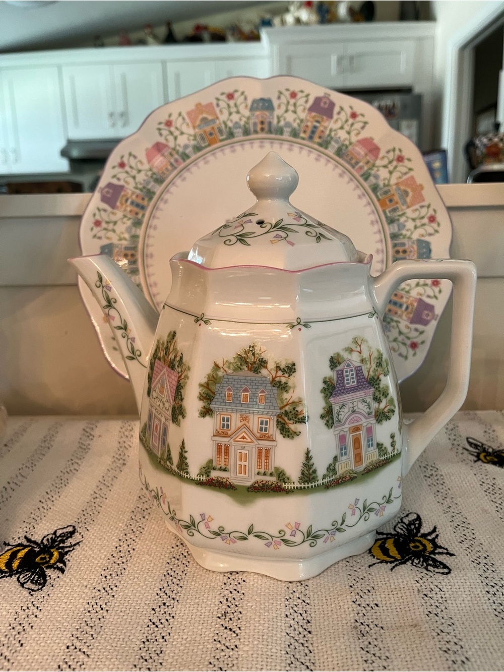 LENOX Porcelain Coffee Pot with Pastel Cottage Pattern - Vintage 1990s